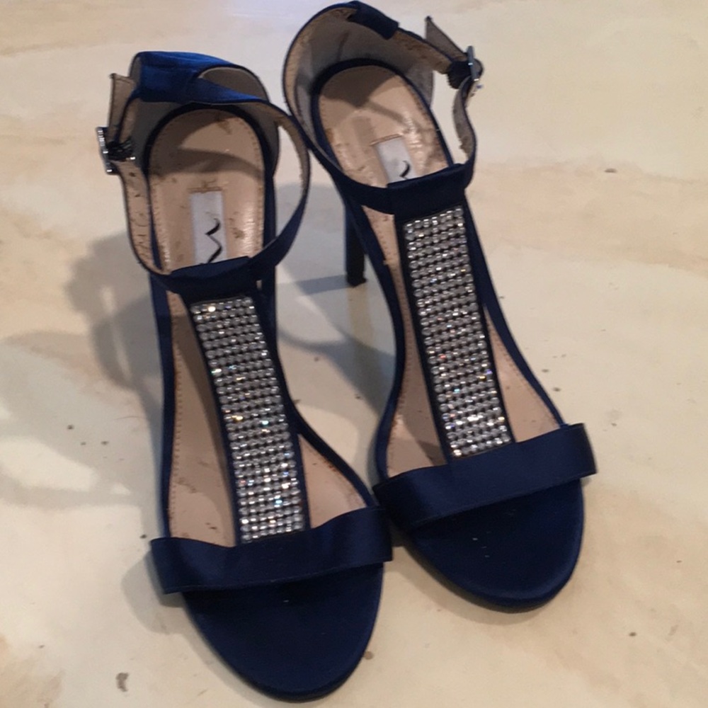 Nina Navy T-Strap Rhinestone Heels